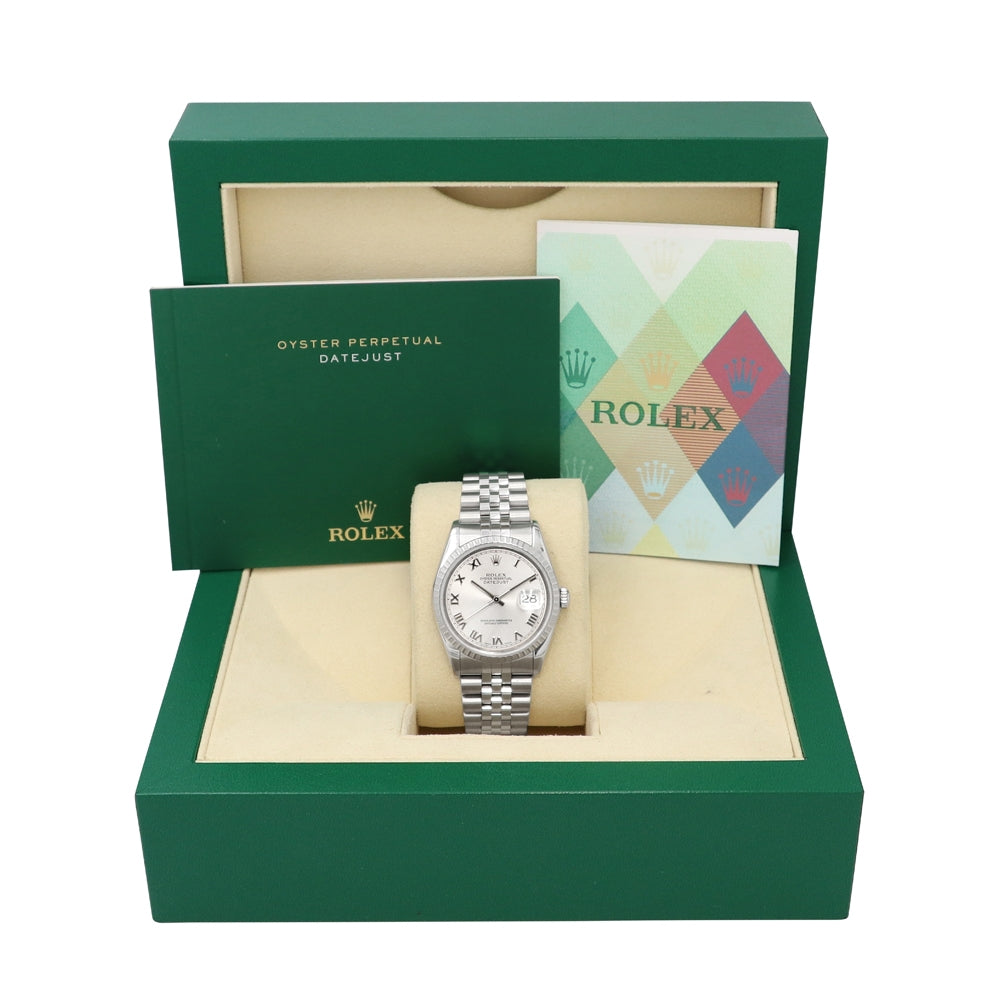36mm Rolex Stainless Steel Datejust Watch Silver Roman Numeral Dial