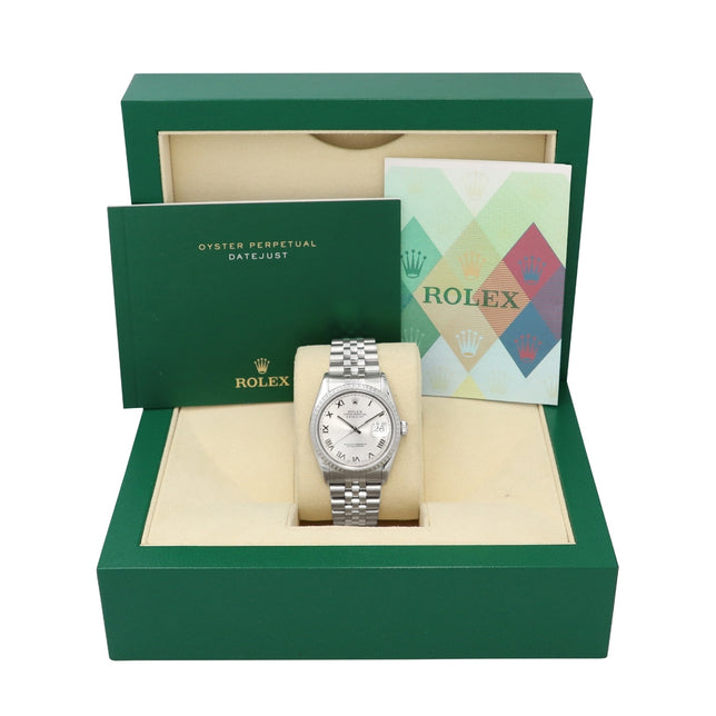 36mm Rolex Stainless Steel Datejust Watch Silver Roman Numeral Dial