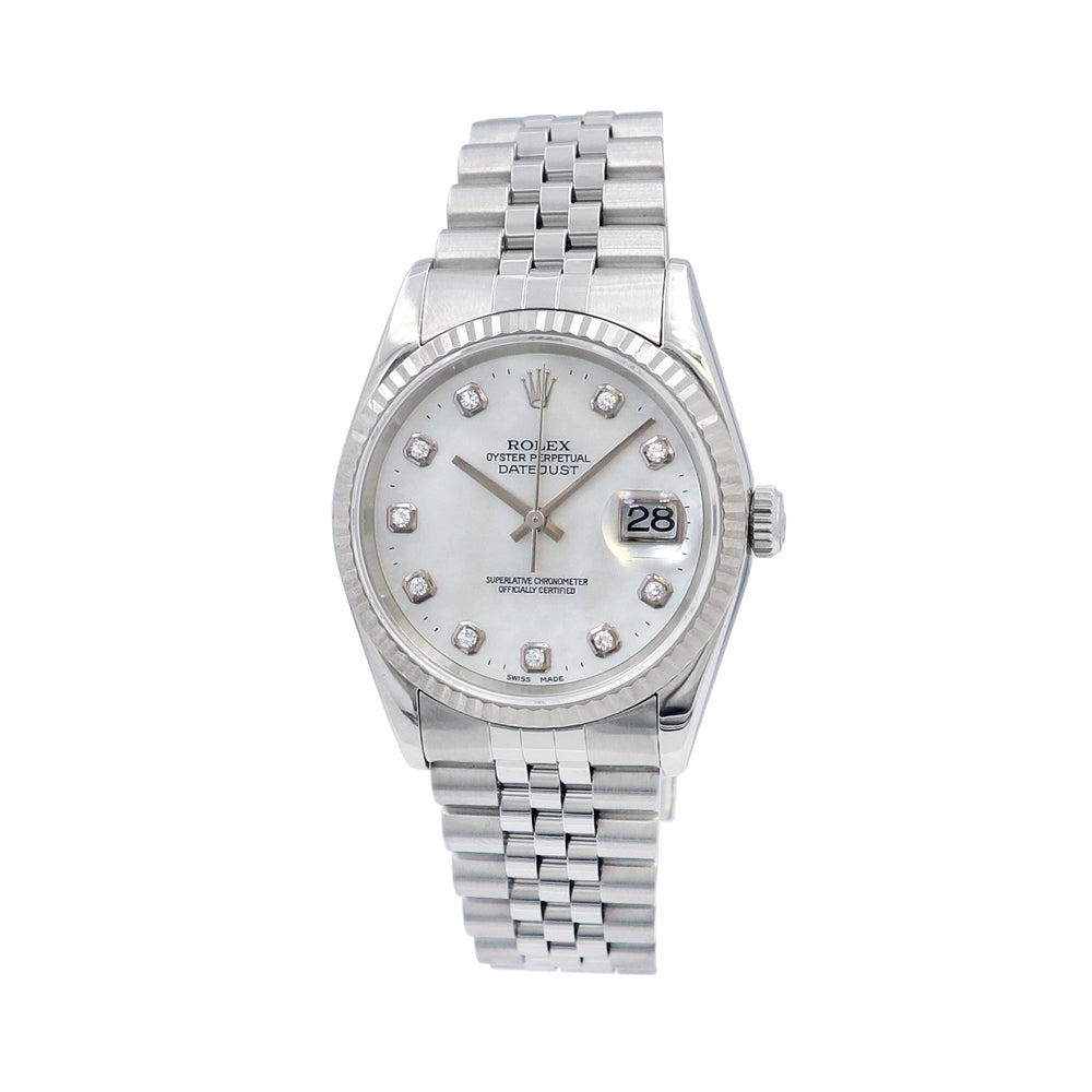 36mm Rolex Stainless Steel Datejust Watch Mother of Pearl Diamond Dial