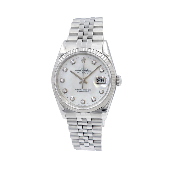 36mm Rolex Stainless Steel Datejust Watch Mother of Pearl Diamond Dial
