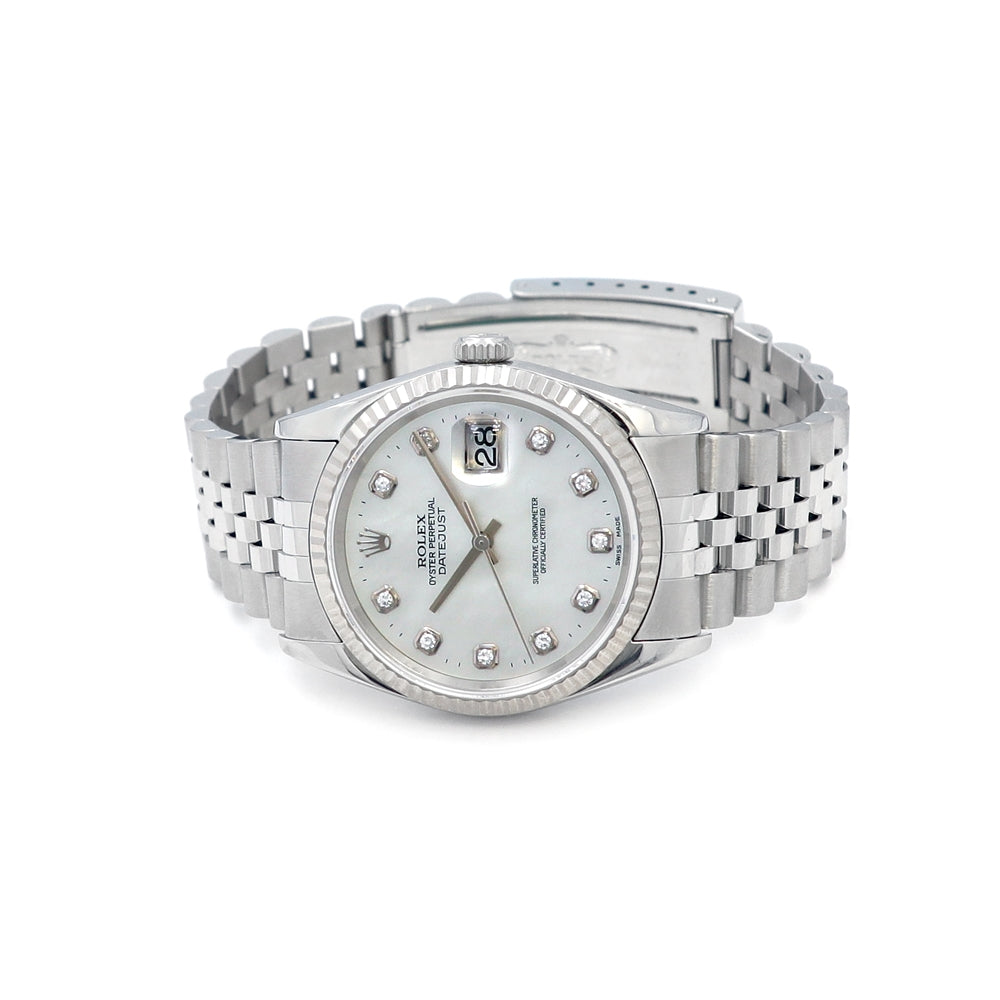 36mm Rolex Stainless Steel Datejust Watch Mother of Pearl Diamond Dial