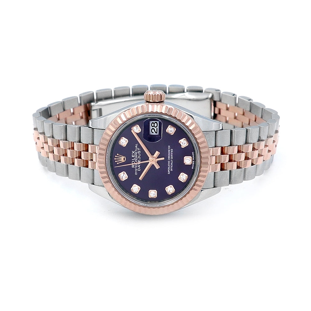 28mm 18k Rose Gold and Stainless Steel Datejust Watch.  Aubergine 10R Diamond Dial.