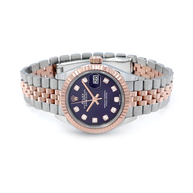 28mm 18k Rose Gold and Stainless Steel Datejust Watch.  Aubergine 10R Diamond Dial.
