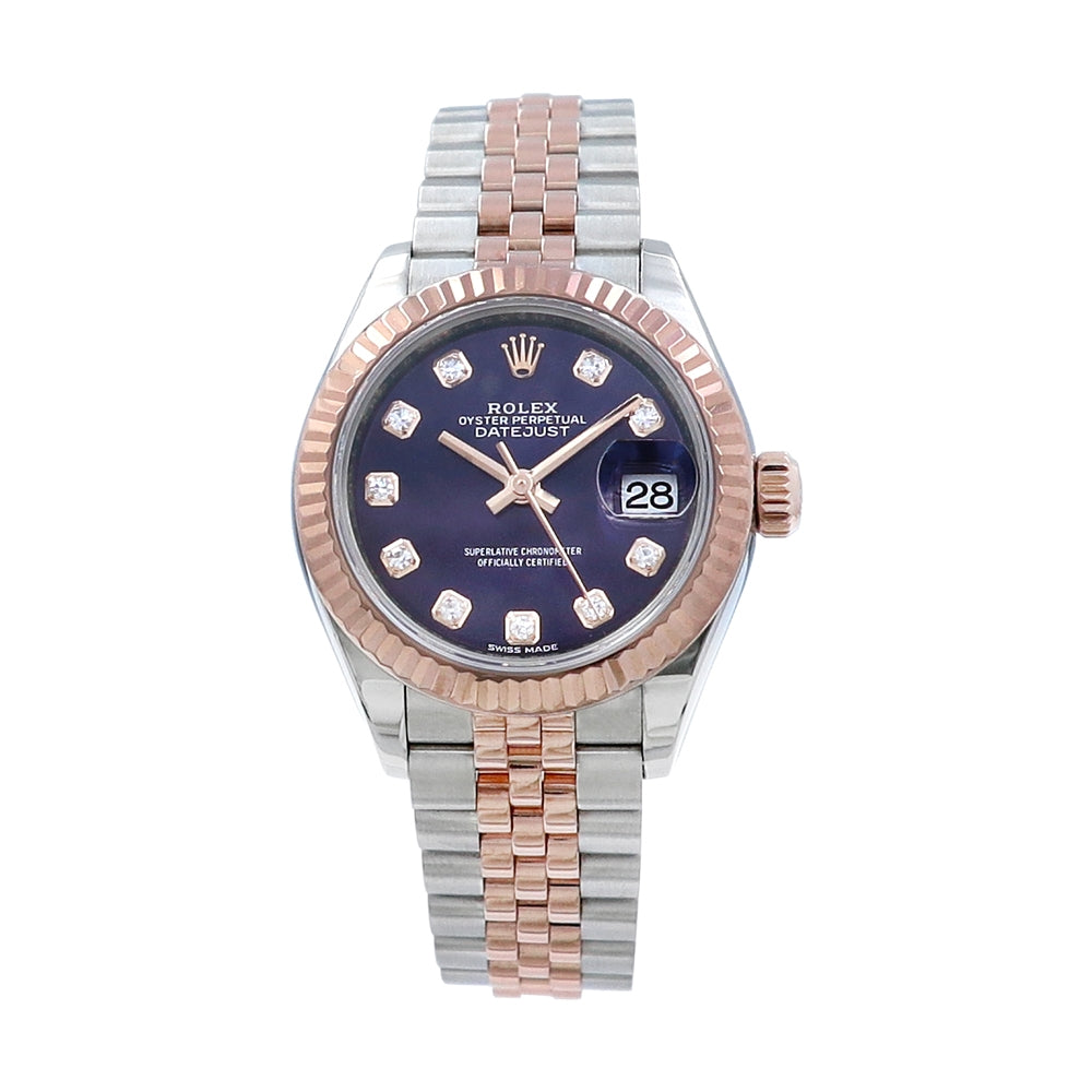 28mm 18k Rose Gold and Stainless Steel Datejust Watch.  Aubergine 10R Diamond Dial.