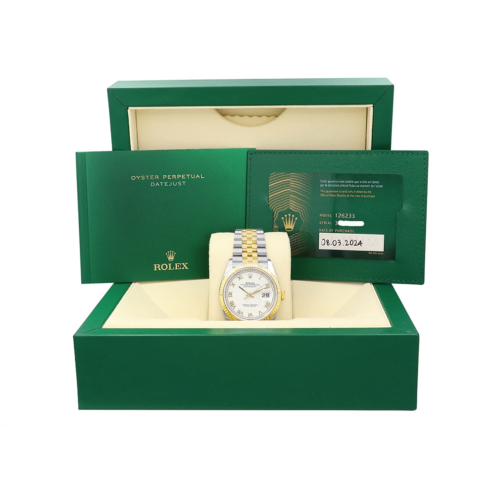 36mm Rolex Datejust Watch. White Roman Numeral Dial