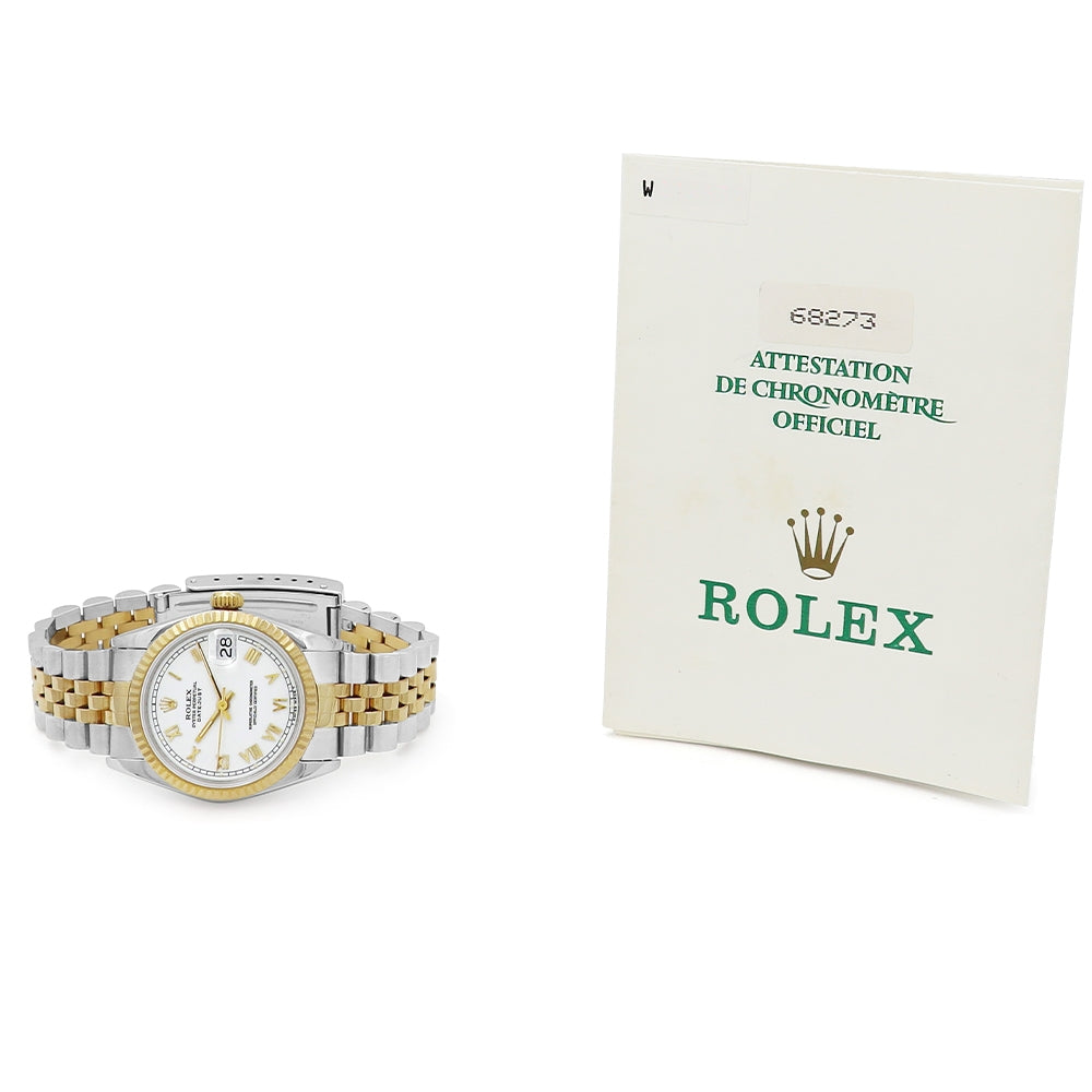 31mm Rolex Two Tone Datejust Watch.White Roman Numeral Dial