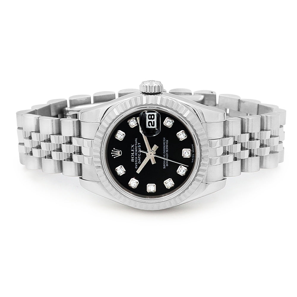 26mm Stainless Steel Datejust Watch. Black 10R Diamond Dial.