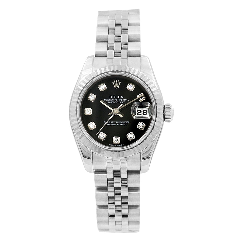 26mm Stainless Steel Datejust Watch. Black 10R Diamond Dial.