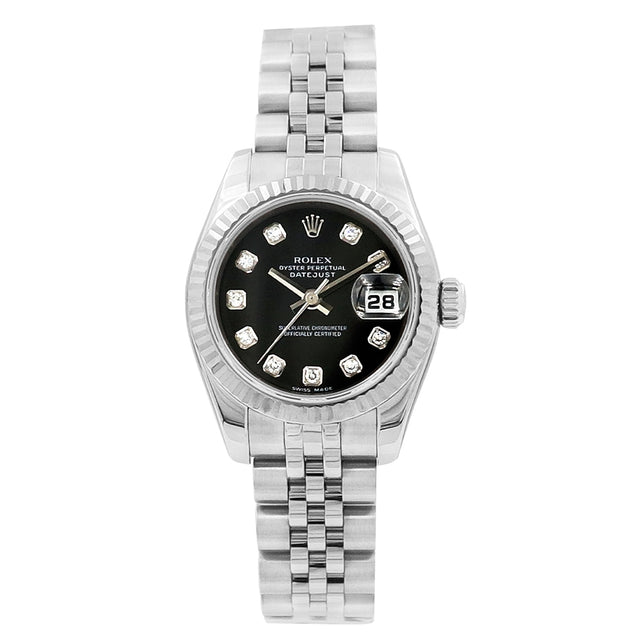26mm Stainless Steel Datejust Watch. Black 10R Diamond Dial.