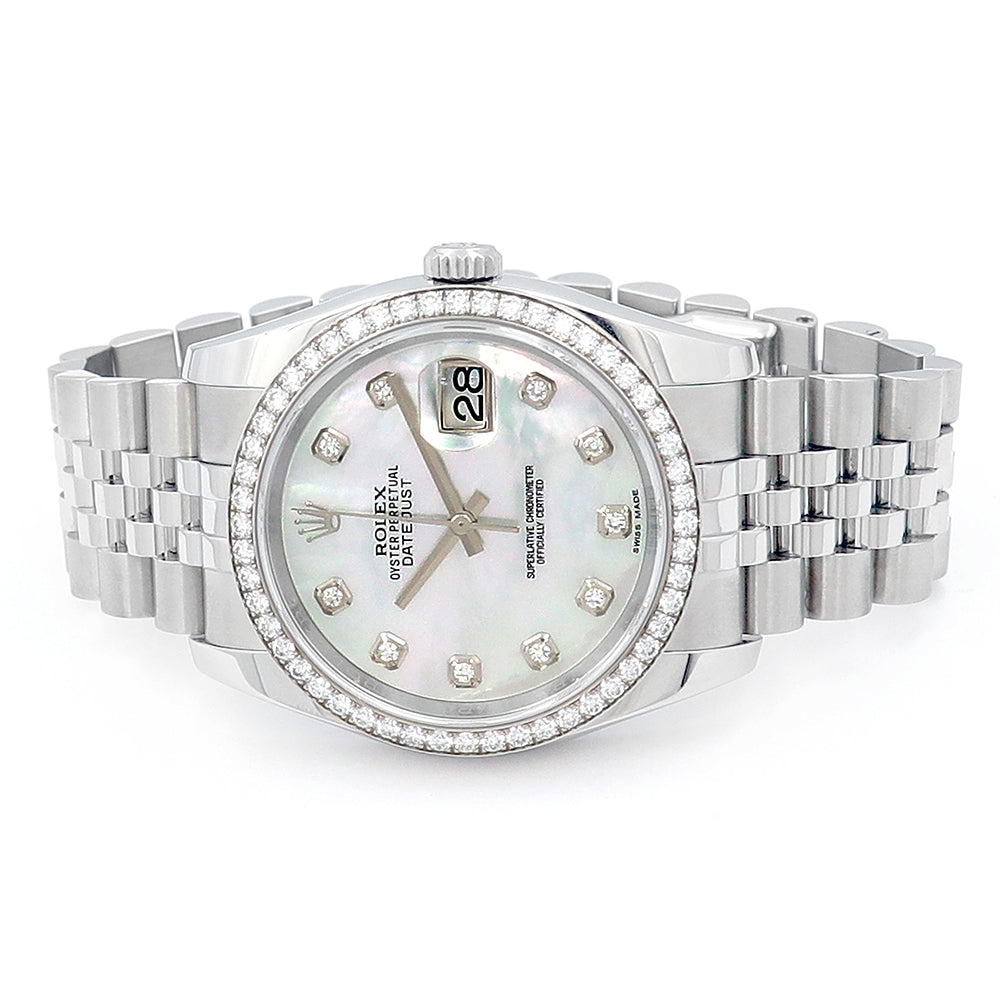 36mm Stainless Steel Datejust MOP With White Gold Diamond Bezel Watch.