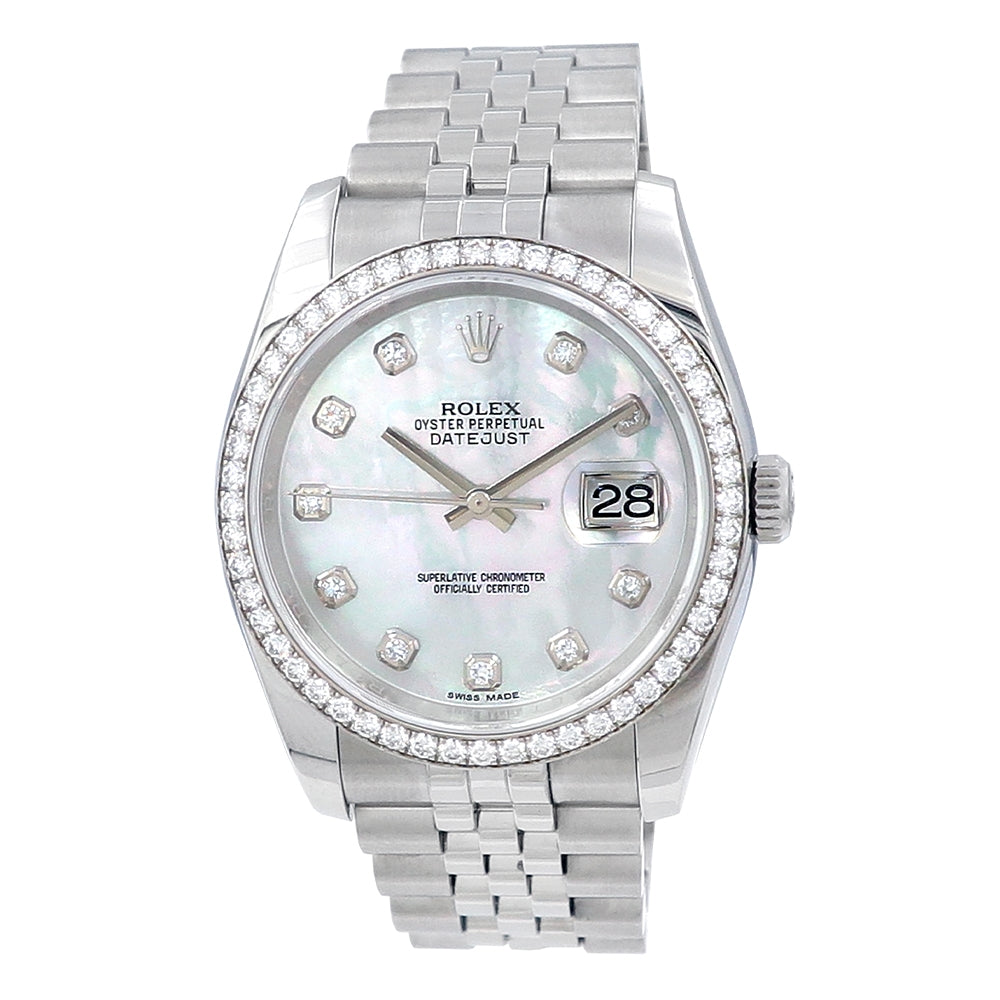 36mm Stainless Steel Datejust MOP With White Gold Diamond Bezel Watch.