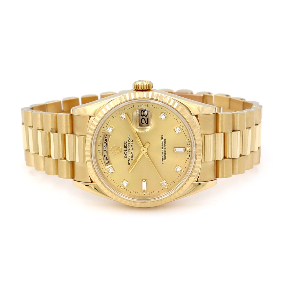 36mm 18k Yellow Gold Daydate Watch, 8+2R Diamond Dial