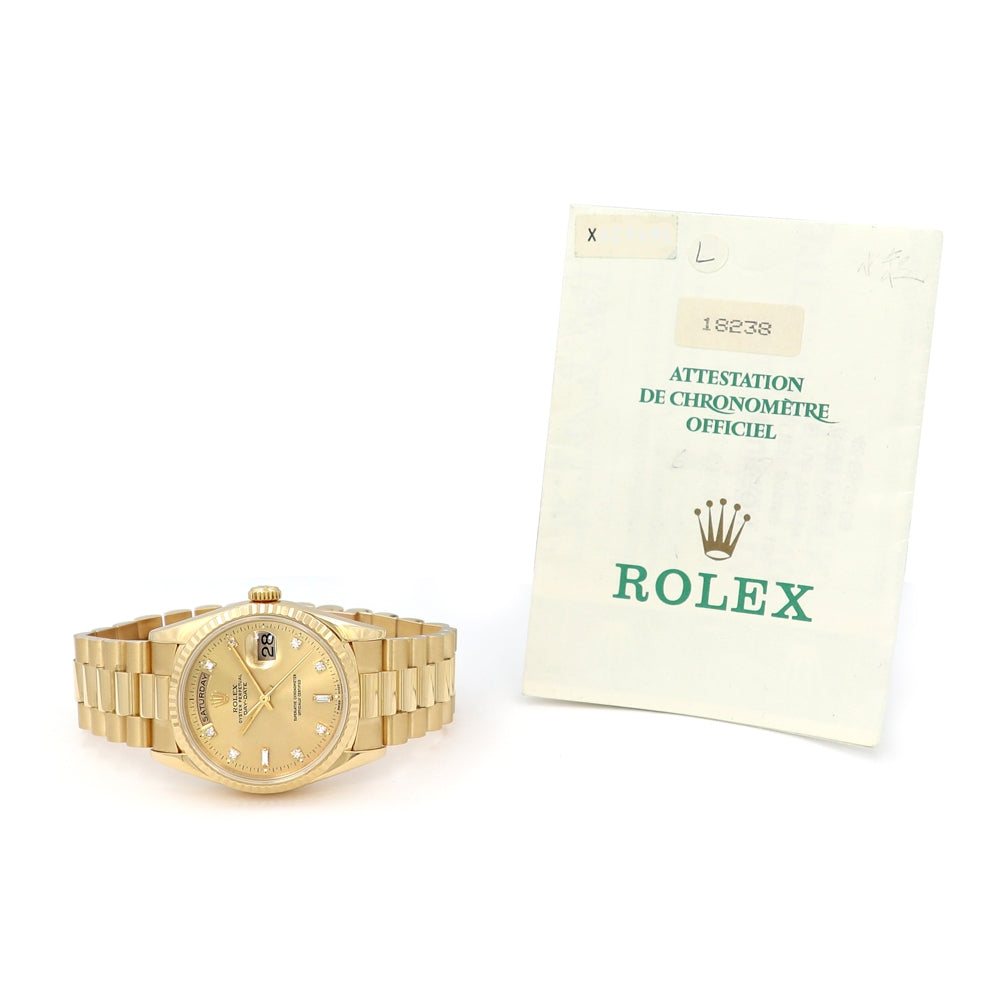 36mm 18k Yellow Gold Daydate Watch, 8+2R Diamond Dial