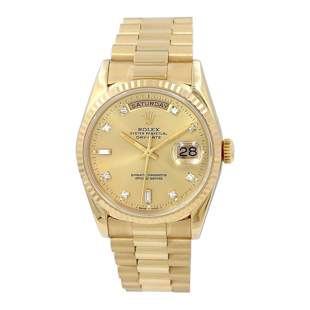 36mm 18k Yellow Gold Daydate Watch, 8+2R Diamond Dial