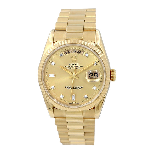 36mm 18k Yellow Gold Daydate Watch, 8+2R Diamond Dial