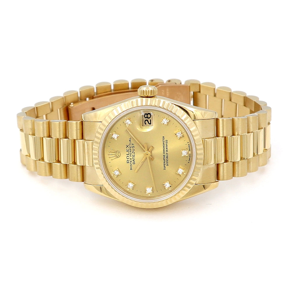 31mm "midsized" 18k Yellow Gold President Band , Champagne 10R Diamond Dial Watch
