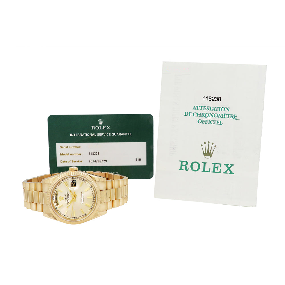 36mm Rolex 18k Yellow Gold Day-Date 118238