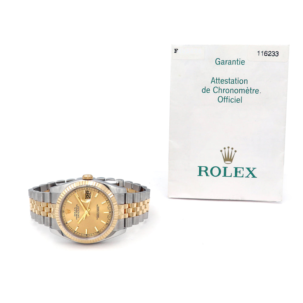 Rolex 36mm 18k Yellow Gold & Steel Datejust 116233 Champagne Dial