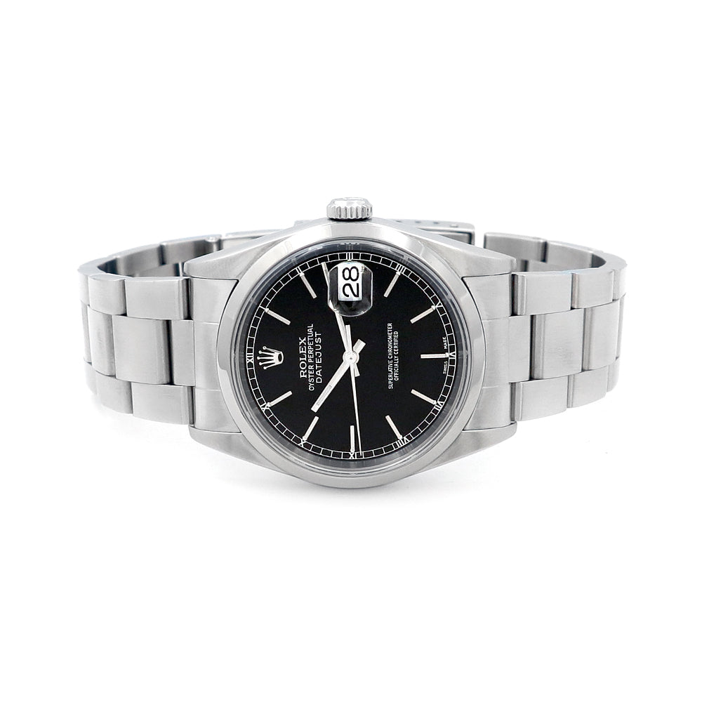 Rolex 36mm Datejust Stainless Steel Watch Black Dial 16200