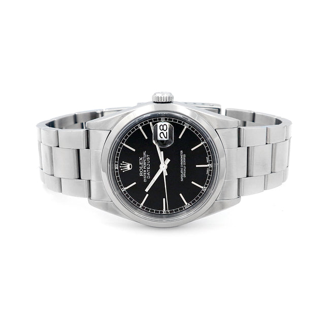 Rolex 36mm Datejust Stainless Steel Watch Black Dial 16200