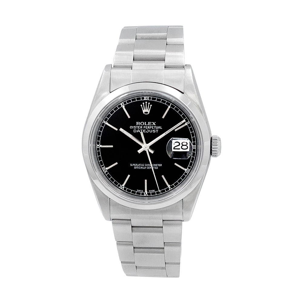 Rolex 36mm Datejust Stainless Steel Watch Black Dial 16200