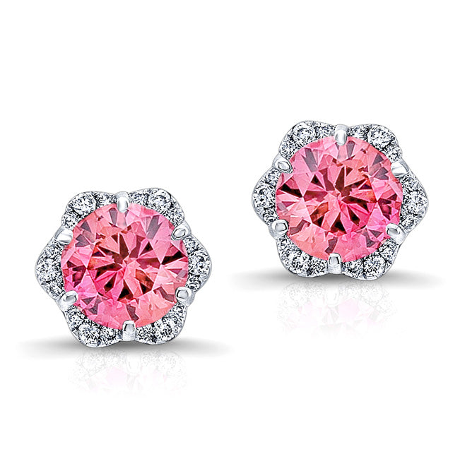 WHITE GOLD INSPIRED PINK ENHANCED ROUND DIAMOND HALO EARRINGS