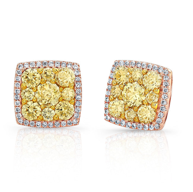 ROSE GOLD CONTEMPORARY SQUARE HALO FANCY YELLOW DIAMOND EARRINGS