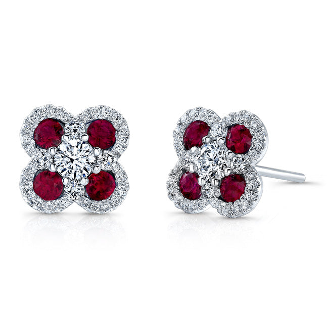 NATURAL COLOR WHITE GOLD TRENDY FLOWER RUBY EARRINGS