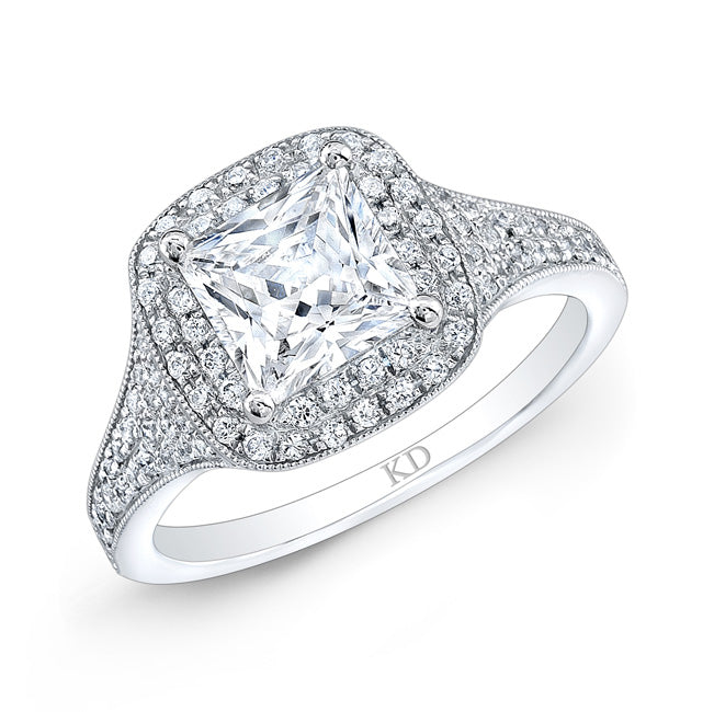 14K WHITE GOLD SQUARE HALO DIAMOND ENGAGEMENT RING