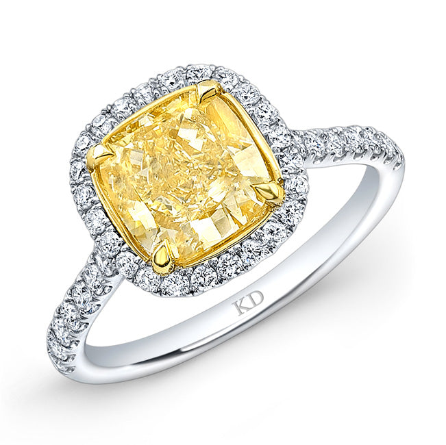 WHITE AND YELLOW GOLD FANCY YELLOW CUSHION DIAMOND HALO BRIDAL RING