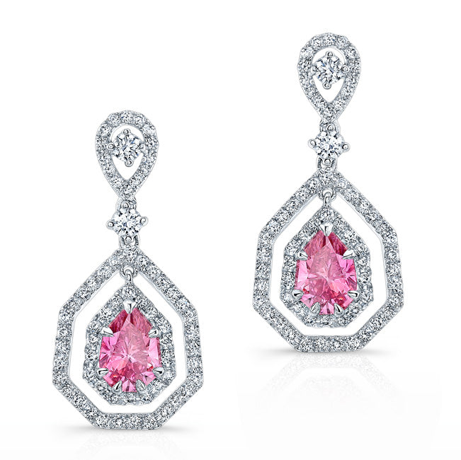 WHITE GOLD ELEGANT PINK ENHANCED PEAR DIAMOND DROPLET EARRINGS