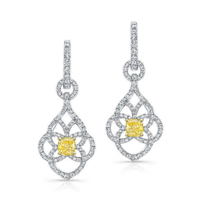 WHITE AND YELLOW GOLD FANCY YELLOW CUSHION DIAMOND DANGLE EARRINGS
