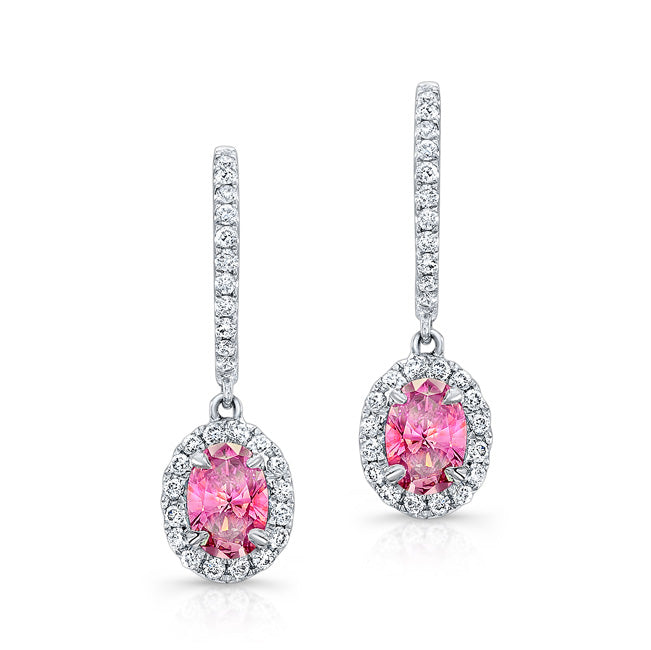 WHITE GOLD PINK ENHANCED OVAL DIAMOND DROPLET EARRINGS