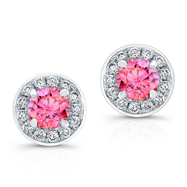 WHITE GOLD PINK ENHANCED ROUND DIAMOND HALO EARRINGS