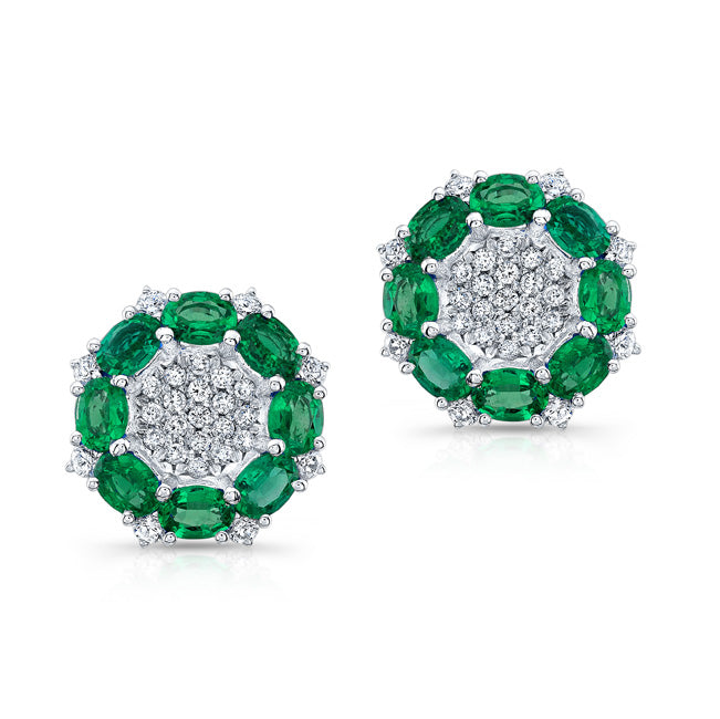 NATURAL COLOR WHITE GOLD EMERALD FLOWER DIAMOND EARRINGS