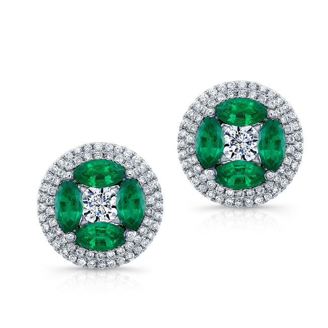 NATURAL COLOR WHITE GOLD EMERALD FLOWER DIAMOND EARRINGS