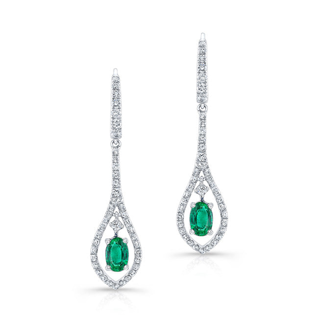 NATURAL COLOR WHITE GOLD TEARDROP EMERALD DIAMOND DANGLE EARRINGS