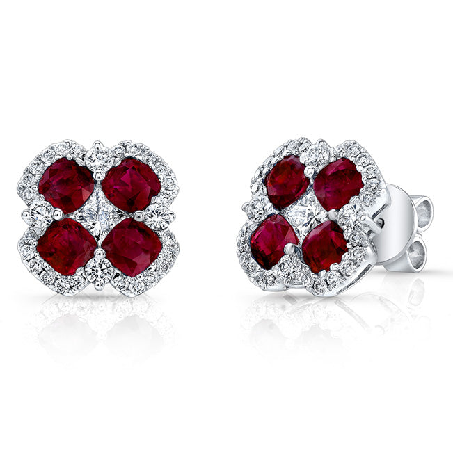NATURAL COLOR WHITE GOLD TRENDY FLOWER RUBY EARRINGS