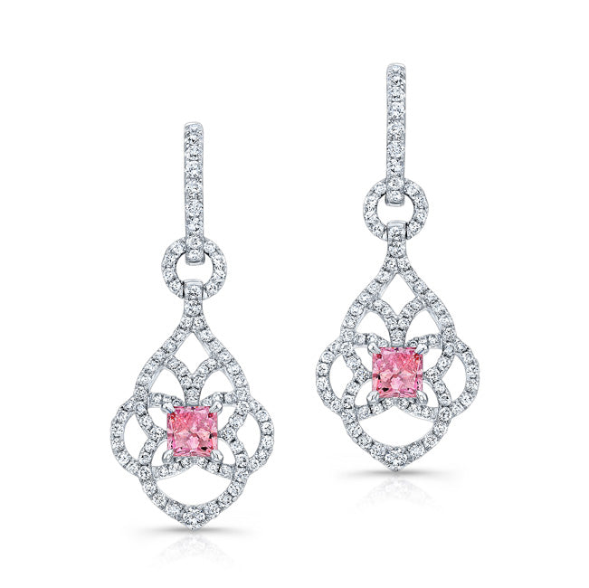 WHITE GOLD VINTAGE PINK ENHANCED PRINCESS DIAMOND DROPLET EARRINGS