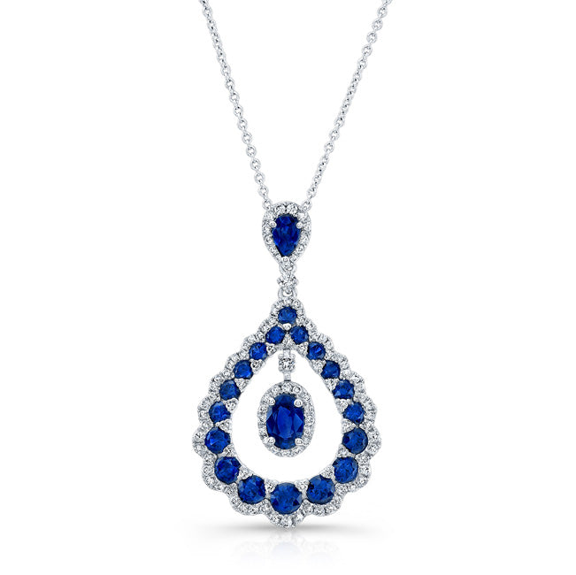 NATURAL COLOR WHITE GOLD INSPIRED TEAR DROP SAPPHIRE DIAMOND PENDANT