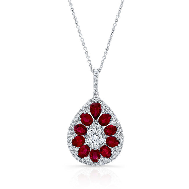 NATURAL COLOR WHITE GOLD TEAR DROP RUBY DIAMOND PENDANT