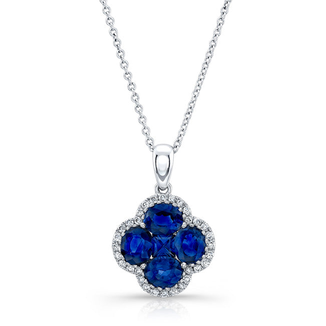NATURAL COLOR WHITE GOLD VINTAGE SAPPHIRE FLOWER DIAMOND PENDANT
