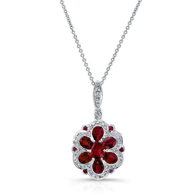 NATURAL COLOR WHITE GOLD VINTAGE RUBY DIAMOND FLOWER PENDANT