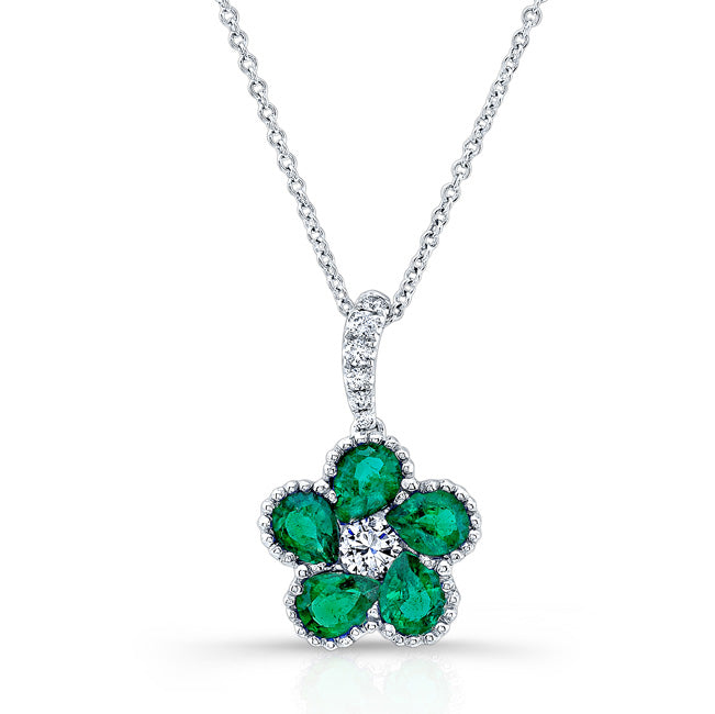 NATURAL COLOR WHITE GOLD PEAR EMERALD FLOWER DIAMOND PENDANT