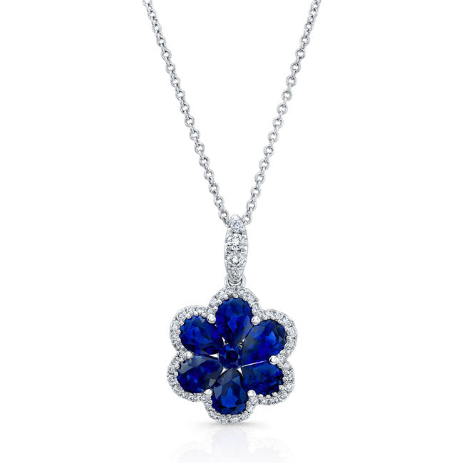 NATURAL COLOR WHITE GOLD  SAPPHIRE FLOWER DIAMOND PENDANT