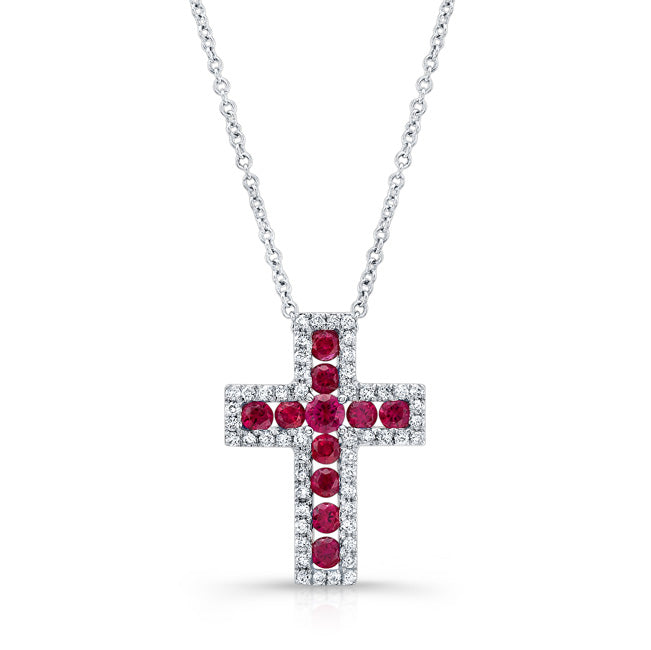 NATURAL COLOR WHITE GOLD RUBY CROSS DIAMOND PENDANT