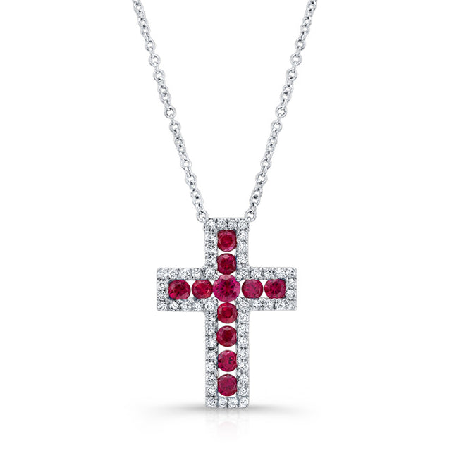 NATURAL COLOR WHITE GOLD RUBY CROSS DIAMOND PENDANT