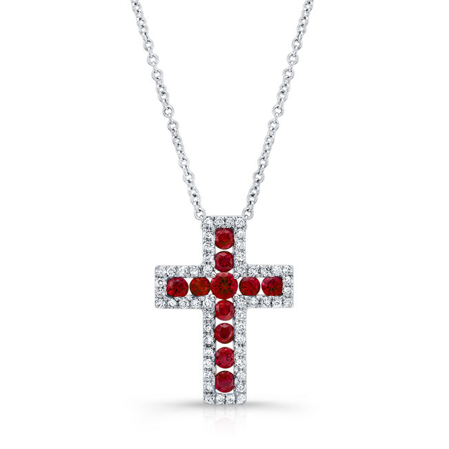 NATURAL COLOR WHITE GOLD RUBY CROSS DIAMOND PENDANT