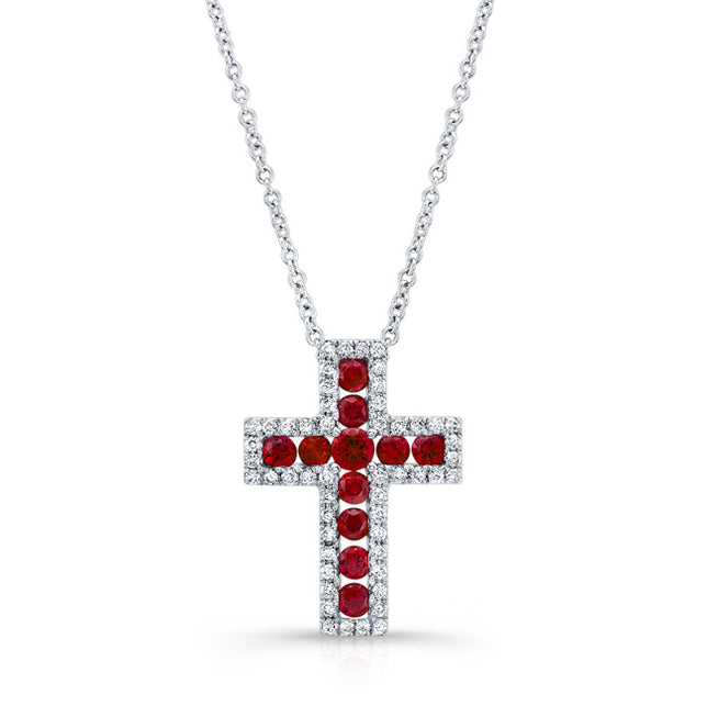 NATURAL COLOR WHITE GOLD RUBY CROSS DIAMOND PENDANT
