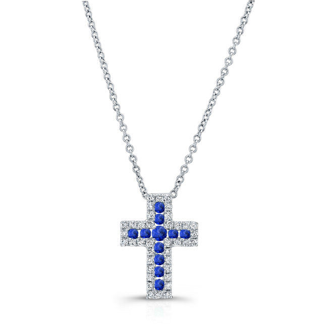 NATURAL COLOR WHITE GOLD SAPPHIRE CROSS DIAMOND PENDANT